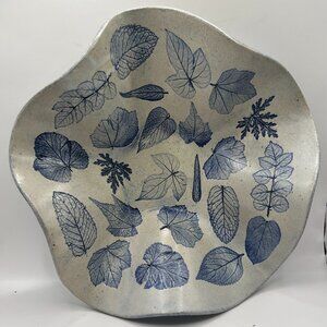 Freeman Ceramics Folded Handkerchief Bowl White with Blue Leaves Made in USA